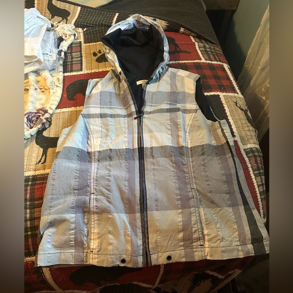 Christopher & Banks Blue Jean Plaid Vest with hood SzM